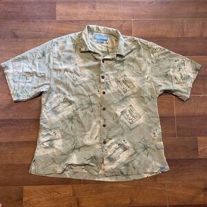 Bermuda Bay Mens Large Hawaiian Shirt 100% Silk Cream Sage